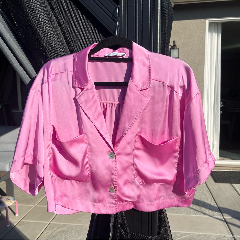 Zara Satin Pink Crop Top Button Up
